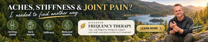 Horizontal banner showing Andrew Twelftree outdoors holding his wrist, promoting frequency therapy for aching joints, sore hands, stiffness, and reduced mobility.