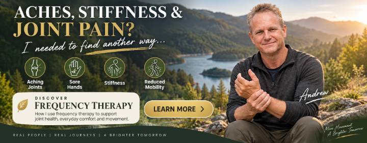 Vertical banner showing Andrew Twelftree outdoors holding his wrist, promoting frequency therapy for aching joints, sore hands, stiffness, and reduced mobility.
