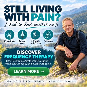 Banner showing Andrew Twelftree kneeling outdoors beside lake and mountains, promoting frequency therapy for knee pain, aching joints, stiffness, and difficulty with stairs.