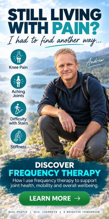 Vertical banner showing Andrew Twelftree kneeling outdoors beside lake and mountains, promoting frequency therapy for knee pain, aching joints, stiffness, and difficulty with stairs.